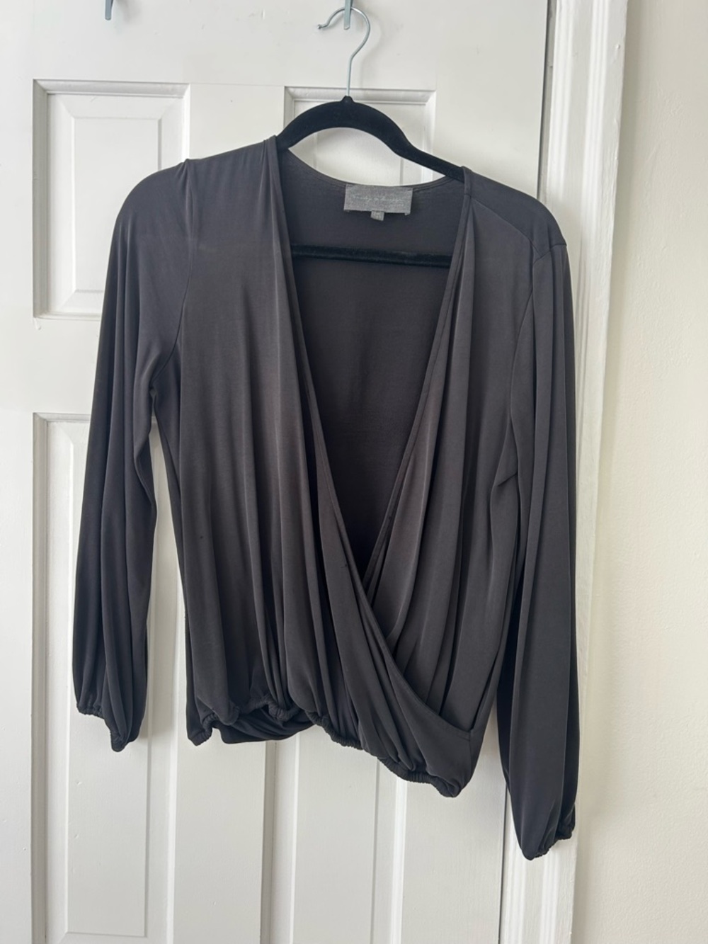 Sunday in Brooklyn Charcoal Draped Surplice Long Sleeve Top